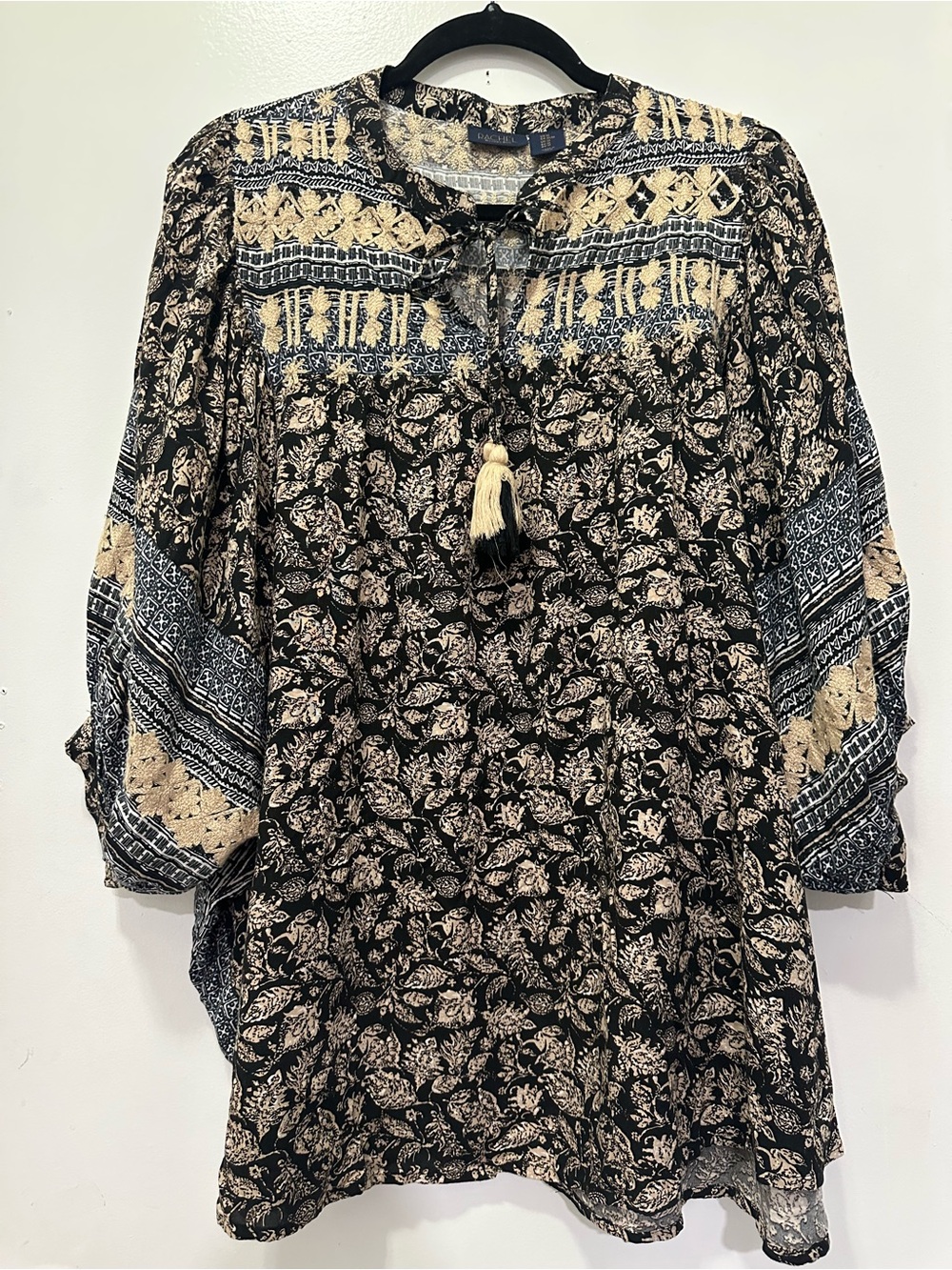 RACHEL Rachel Roy Black & Cream Floral Tassel Peasant Boho Tunic Top Sz M